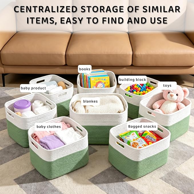4 Pack Storage Baskets for Organizing, 11''Lx9''Wx8''H Woven Baskets for Storage Toys, Towels, Books, and Clothes, Cotton Rope Basket for Shelves with Handle