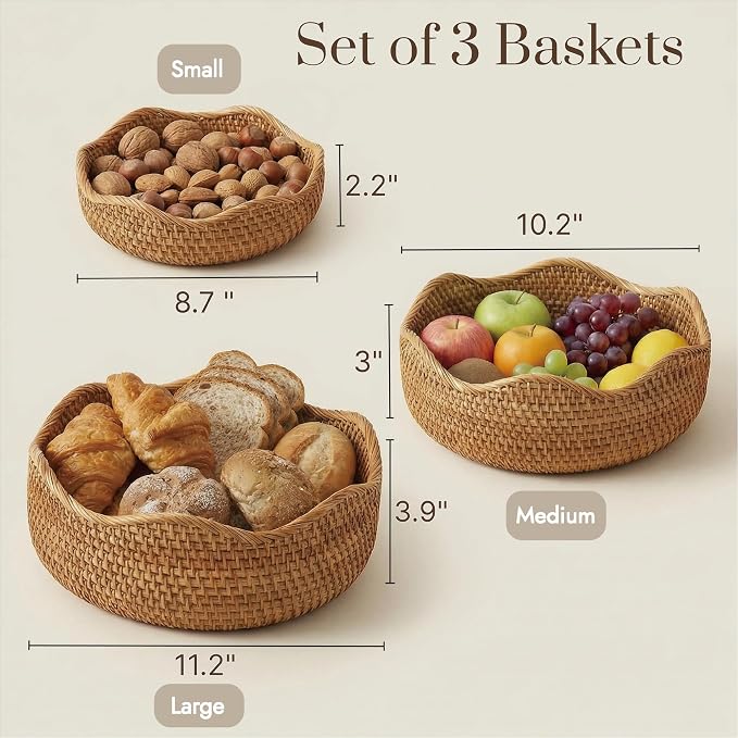 YANGQIHOME Rattan Bread Basket, Round Fruit Baskets, Wicker Storage Bowls, Natural Woven Serving Basket Bowls, Decorative Baskets for Kitchen Counter Organizing (Natural M)