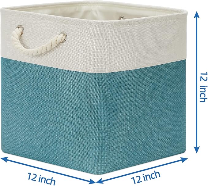 Temary Cubes Storage Baskets 12 Inch Cube Storage Bins for Shelf, Fabric Storage Cubes for Gift Empty Baskets for Home, Collapsable Box Basket for Storage (White&Teal)