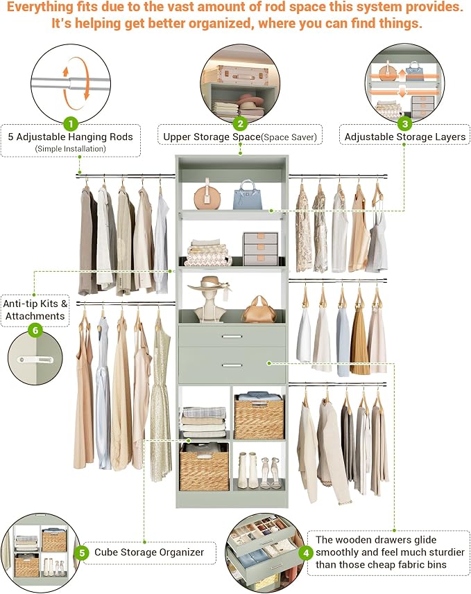 Besiost Small Closet System, 3.2-6.8FT Small Closet Organizer with 2 Drawers & 5 Hanging Rods, Can Fit 37.5 to 81.9 inch Walk-in Closet System, Built-in, Crab Green