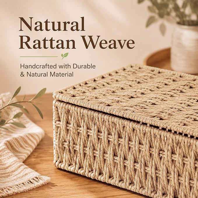 3 Pack Wicker Storage Baskets with Lid, Decorative Woven Organizer Boxes, Shelf Stackable Container Bin, 3 Size Boho Home Decor for Bedroom Living Room Organization (10.2", 8.6", 7")