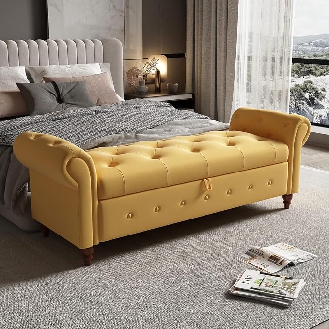 NIOIIKIT 63'' Storage Ottoman Bench, Tufted Entryway Bench Yellow Polyester | Button Tufted End of Bed, Large Storage Space, Rolled Armed Ottoman Couch Long Bench for Bedroom, Living Room, Hallway