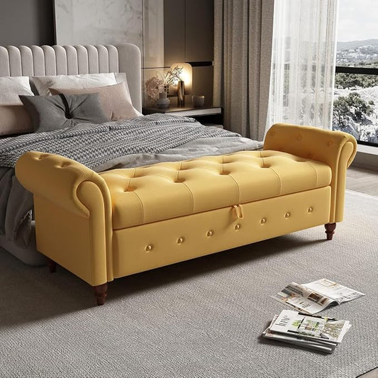 NIOIIKIT 63'' Storage Ottoman Bench, Tufted Entryway Bench Yellow Polyester | Button Tufted End of Bed, Large Storage Space, Rolled Armed Ottoman Couch Long Bench for Bedroom, Living Room, Hallway
