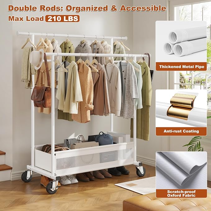 Clothes Rack 210 LBS Double Rods Extra Storage Basket | Rustproof Coated Steel, Anti-bending Design, 360° Sturdy Wheels, 10-Min Tool-Free Assembly, Metal Garment Rack for Home