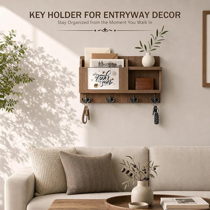 Rebee Vision Key Holder Wall Mount with Chalkboard for Home Decor, Brown | Key Holder for Wall, 4 Key Hooks, Floating Shelf, Mail Organizer, Key Hanger, Mail Organizer, Practical Everyday Organization