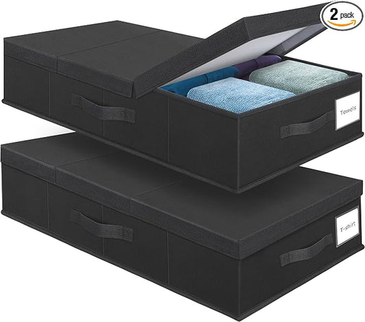 Supowin 2Pack Large Underbed Storage Containers Bin with Lids, Black | 6 Inches Tall Under Bed Storage Organizer Box with Handles, Foldable Closet Organizer for Clothes, Blankets, Seasonal Items