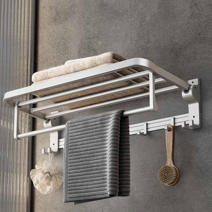 VOLPONE 24 Inch Towel Rack with Towel Bar Holder Foldable Towel Shelf with Movable Hooks Rustproof Towel Storage Wall Mount for Bathroom Lavatory Silver