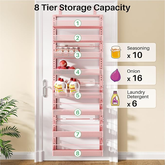 SNTD 8 Tiers Over the Door Organizer - Height Adjustable Pantry Organizers and Storage with Dense Mesh Baskets, Anti-Swing Hanging Door Spice Rack for Kitchen Bathroom (Pink, 17" W x 6" D x 69" H)