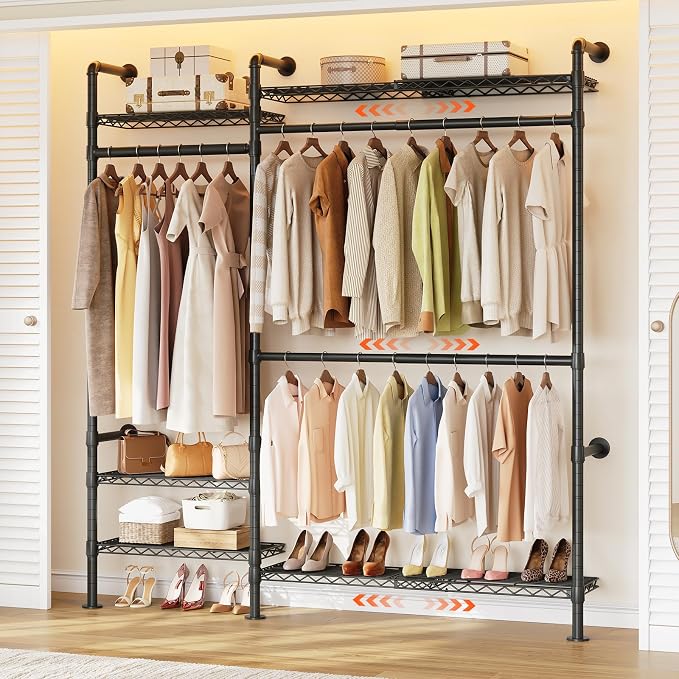H2 Plus Expandable Wall Mounted Closet System, 3.8FT-5.1FT Closet Organizer with Telescopic Shelves & Adjustable Rods, Industrial Pipe Clothing Rack for Walk-in & Reach-in Closet (Black)
