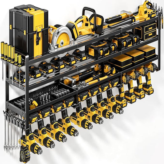 POKIPO 49" W Large Power Tool Organizer Wall Mount, 4 Layer Heavy Duty Loads 800 lbs, Tool Storage Rack Holds 12 Cordless Drills, Large Capacity Battery Holder for Garage, Gift for Men