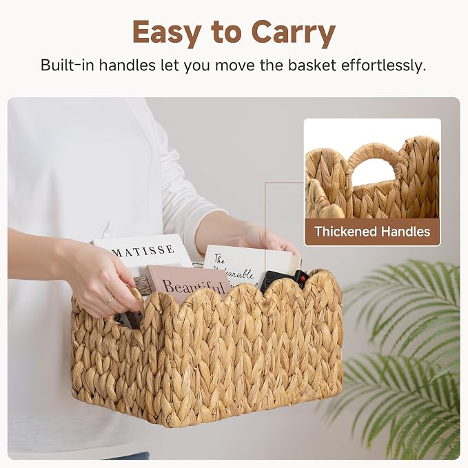 StorageWorks Scalloped Water Hyacinth Baskets, Hand-woven Rattan Baskets with Built-in Handles, Cute Baby Basket for Nursery, Basket for Organizing and Decor, 13"L x 8¼"W x 7"H