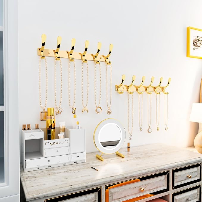 SKOLOO Heavy Duty Wall Mounted Coat Rack - 6 Hooks, Stainless Steel, Sturdy Coat Hooks for Hanging Coats, Jacket, Clothes, Hat, Bright Gold