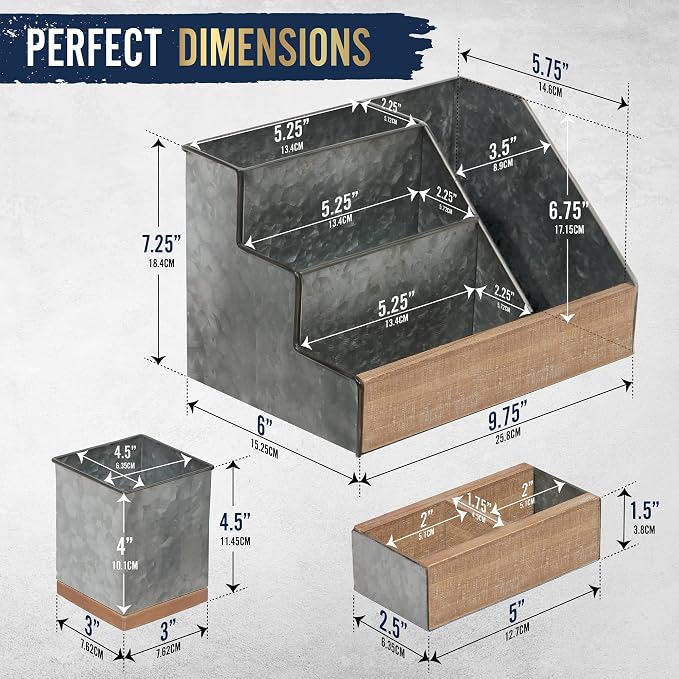 HBCY Creations 3 PIECE Black Metal Desk Organizer Set | Rustic Mail Organizer Desktop | Rustic Industrial Home Decor
