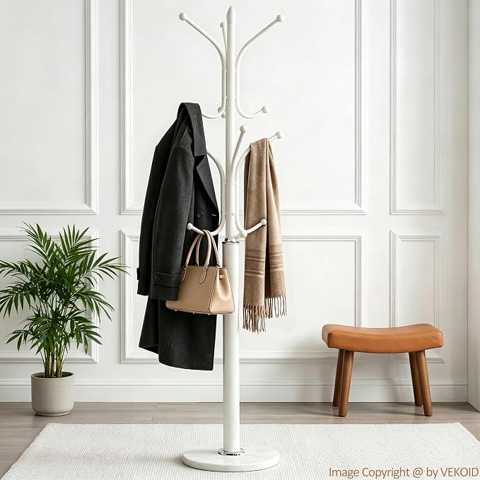 12 Hooks Metal Coat Rack Freestanding Coat Tree with Marble Base, Heavy Duty Coat Rack Stand for Clothes Hats Bags, Coat Hanger Stand for Corner Entryway Bedroom Office (White)