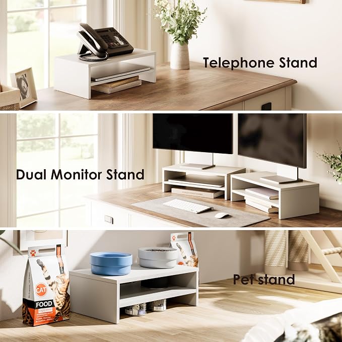 FITUEYES Wooden Monitor Stand Riser, 2-Tier Desk Storage Shelf, White | 16.7-Inch Desktop Organizer Fits Laptop, Computer Screen and Office Supplies