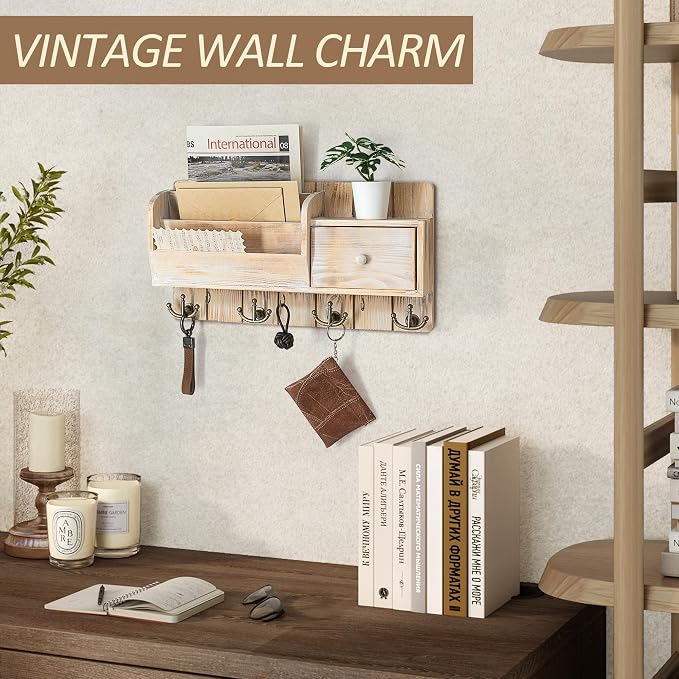 Rebee Vision Key Holder Wall Mount with Drawer for Entryway, Natural Wood | Pine Wood, with Drawer Storage, 7 Hanging Hooks, Letter Organizer, Key Holder for Wall, Home Essentials for Room Decor