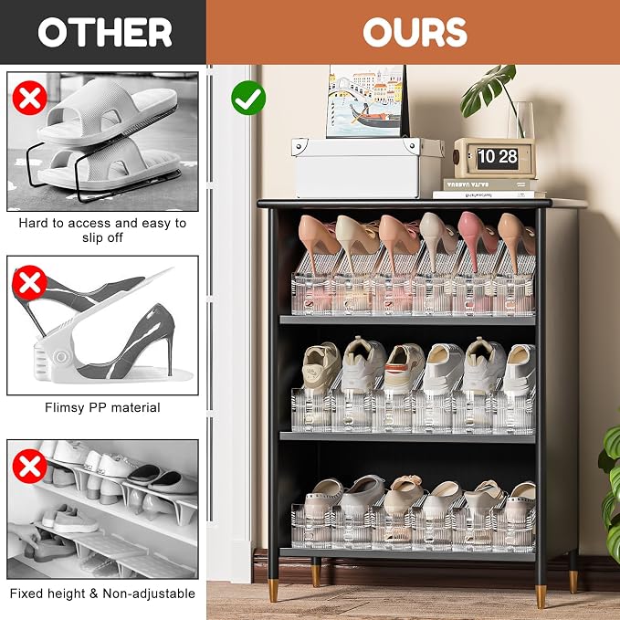 Shoe Stacker, Shoe Slot Organizer for Closet, Shoe Storage Rack | 12 Pack, Clear, 50% Space Saver, 3 Adjustable Height, Tool-Free Assembly, 30% Thicker, Superior Load Bearing