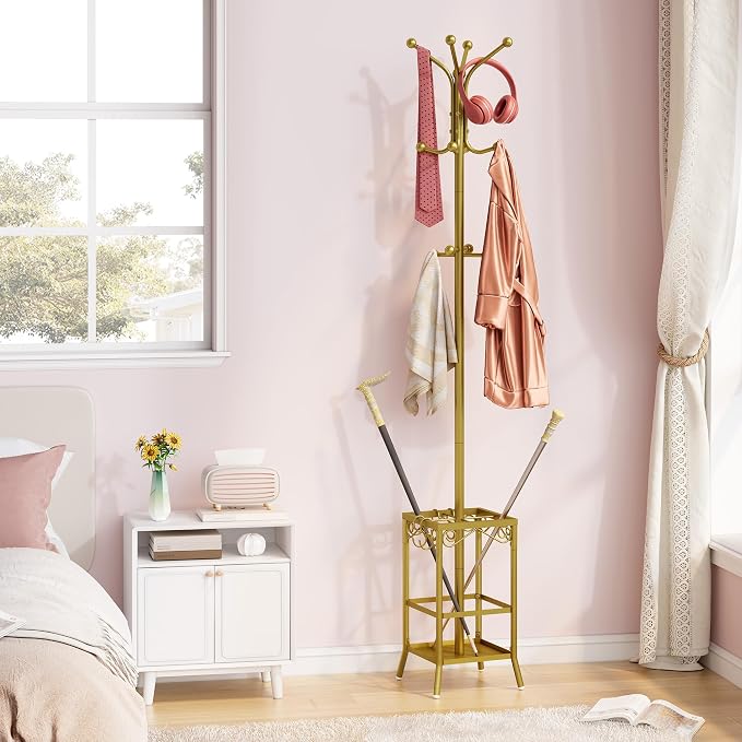 Hoctieon Coat Rack Freestanding, Coat Tree with Umbrella Holder | Metal Coat Rack Stand with 12 Hooks, Standing Coat Hanger Stand, Umbrella Stand for Entryway, Hat Rack Stand for Home Office