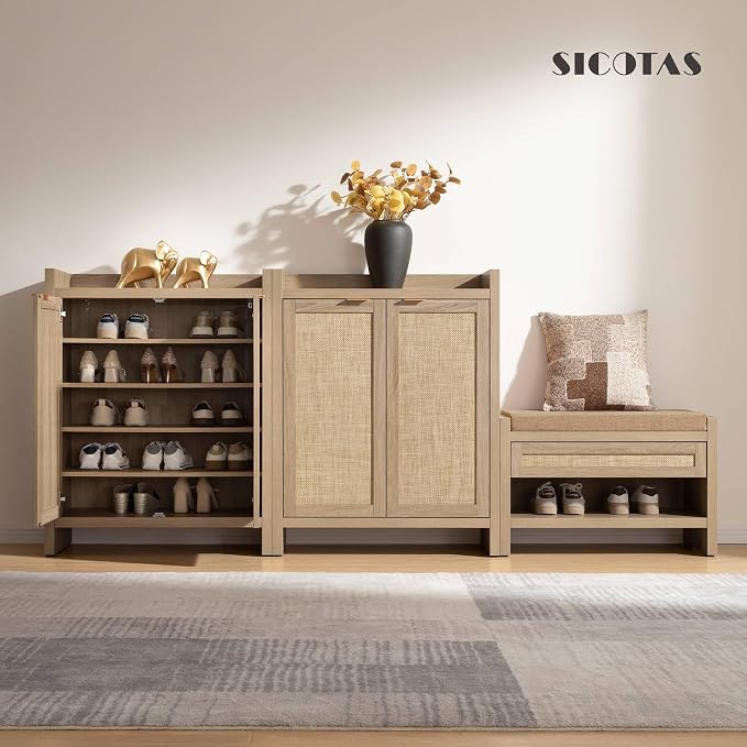 SICOTAS Shoe Cabinet, 24 Pair Shoe Storage Organizer Cabinet, Rattan Doors | 41" Tall Rattan Shoe Cabinet with Doors, 6-Tier Farmhouse Boho Wooden Storage Cabinet for Entryway Hallway, Light Oak