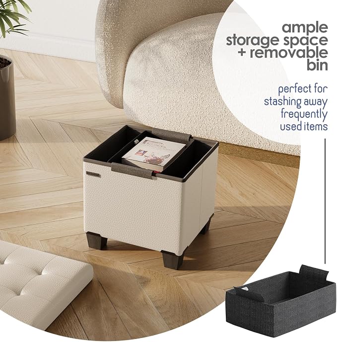 Storage Ottoman Cube with Small Bin, 15-in Square Ottoman with Storage for Living Room and Bedroom, Small Ottomans Foot Rest, Leather Foot Stools Ottomans Max 330lbs, Beige