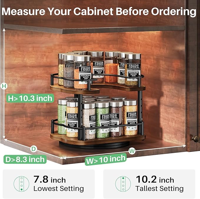 Lazy Susan Organizer Spice Rack - Spice Organization for Cabinet Height Adjustable Rotating Lazy Turntable, Pantry Kitchen Wood Revolving Seasoning Organizer (Vintage, 9 Inch)