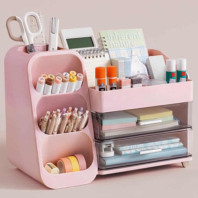 HBlife Desk Organizer with Pen Pencil Holder for Desk, Pen Organizer with 2 Drawers, Desk Organizers and Accessories with 4 Compartments, Desktop Storage for Office Home School Art Supplies, Pink
