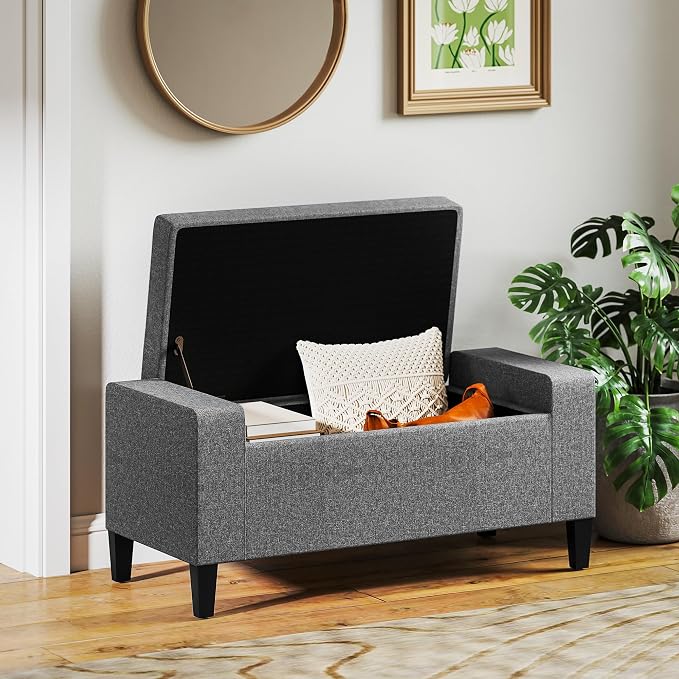 HOMCOM 36" Ottoman with Storage, Lift Top Rubberwood Legs 330 lb Gray | Storage Ottoman Bench, Linen Upholstered Entryway Seat, Living Room, Bedroom