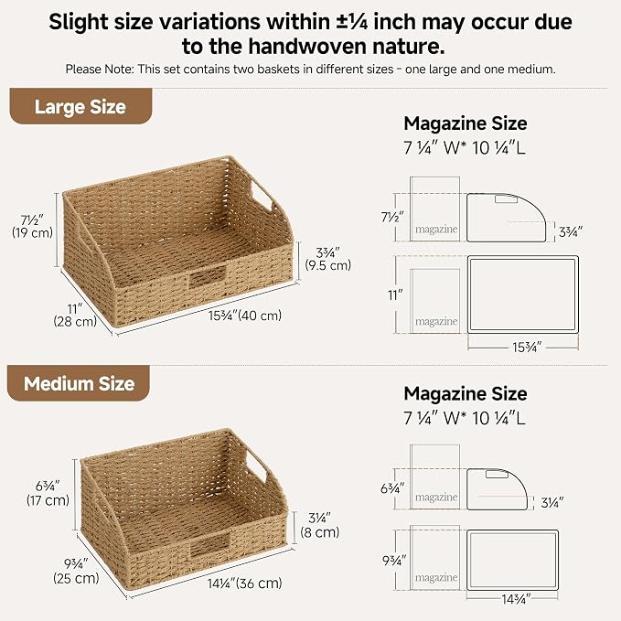 StorageWorks Pantry Baskets for Organizing,Wicker Basket for Storage,2-Pack | Paper Rope Wicker Storage Baskets for Shelves with Handles,Pantry Organizers and Storage,Shelf Baskets for Organizing