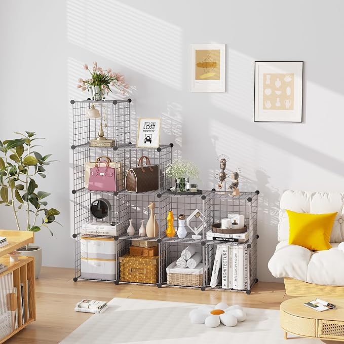 C&AHOME Wire Cube Storage, 12 - Cube Organizer Metal C Grids, Silver Gray | Modular Shelves Units Storage Bins Shelving Bookshelf Shelf Cabinet