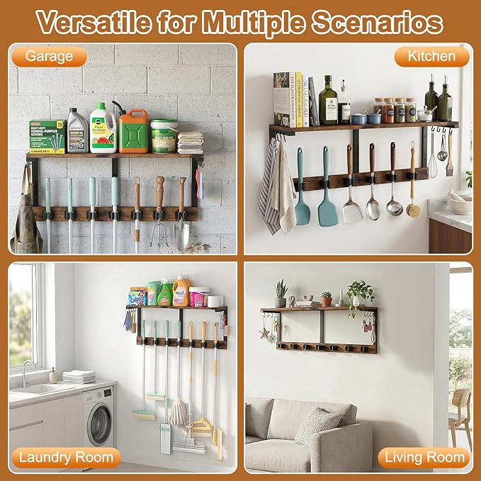 Housolution Wall Mount Broom Holder Laundry Room Storage Organizer Shelves | Thickened Metal Frame, 100 LBS High Load-Bearing, Large Capacity, Multifunctional with 7 Grippers & 8 Hooks