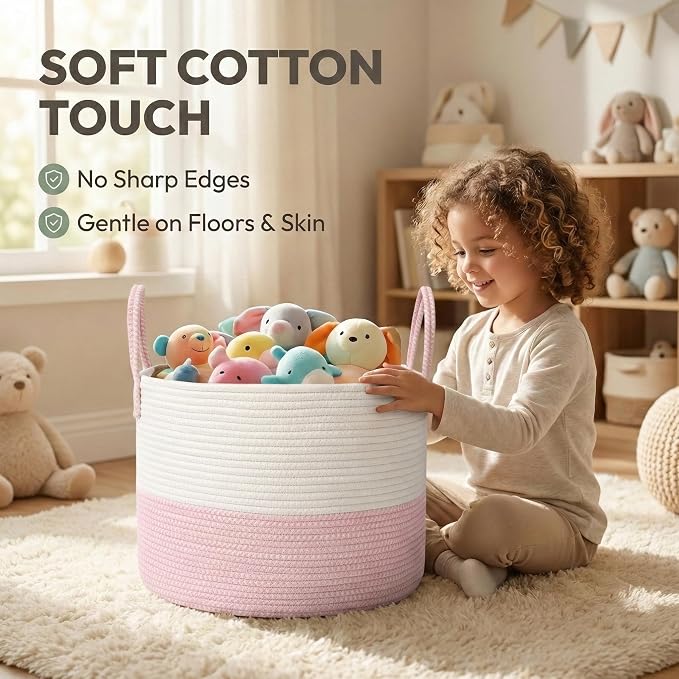 JMvicyroam 115L Extra Large Machine Washable Cotton Rope Blanket Basket | Collapsible laundry hamper, Reinforced handles, For blankets, pillows, toys and clothes, Living room and bedroom, White&Pink