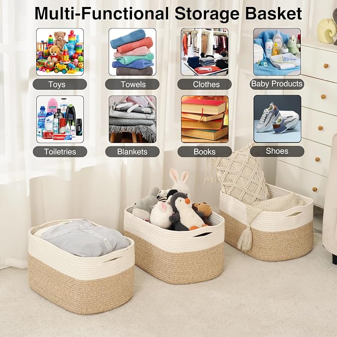 ICERZCZ Large Storage Baskets for Organizing Shelves, Woven Cotton Rope Bins for Baby Nursery Organization, Book Toy Towel Organizer, 17"x13"x9.5", 3 Packs, Off White & Brown