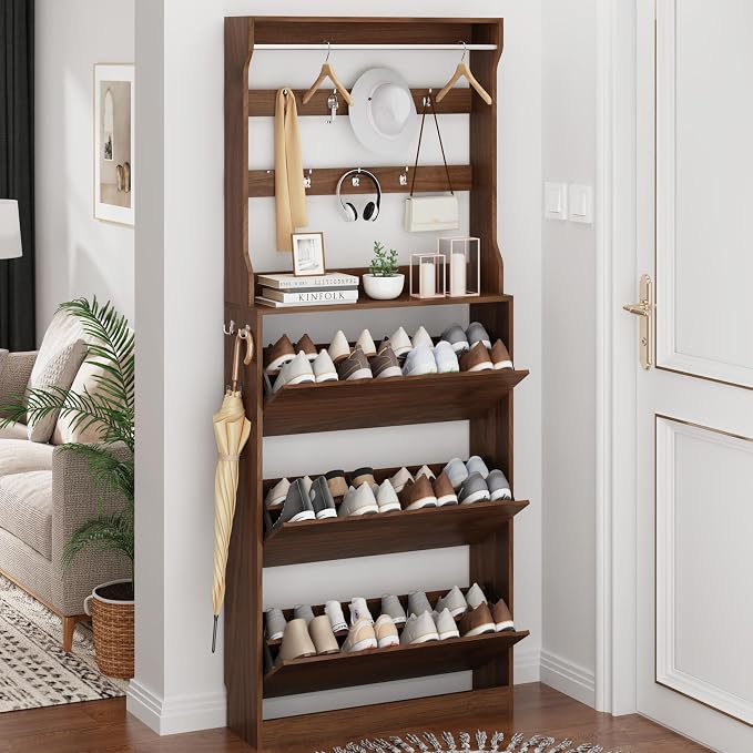 Shoe Cabinet for Entryway with 3 Flip Drawers, Walnut Tall Wood Shoe Storage Cabinet with Coat Rack, Narrow Hidden Slim Freestanding Shoe Rack Organizer, 2 in 1 Hall Tree for Living Room, Hallway