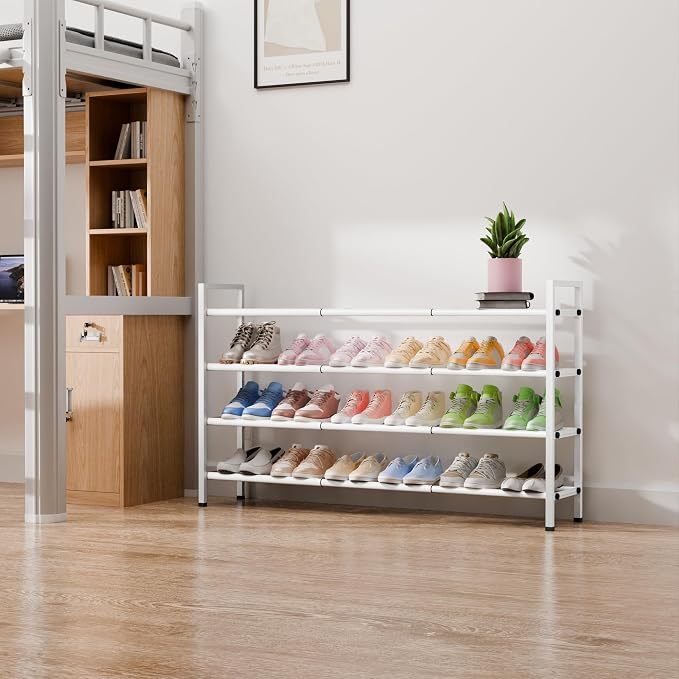 Bumusty 4 Tier Long Expandable Shoe Rack for Closet, White | 18"-44" Adjustable Shoe Rack for Entryway, Shoe Organizer for Dorm, Front Door, Sturdy Metal
