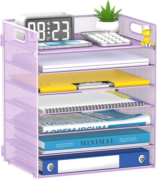 7 Tier Paper Organizer for Desk with Mesh Letter Trays and Handle Purple | Purple Desk File Organizer with Handle for Sorting Papers, Files, Folders, Mail, Bills and Office Supplies