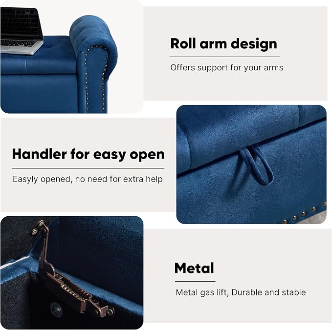 Storage Bench for Bedroom, 51" Upholstered End of Bed Bench, Velvet Queen Size Benches with Rolled Arms, Tufted Button Storage Long Ottoman, Living Room, Entryway, Blue