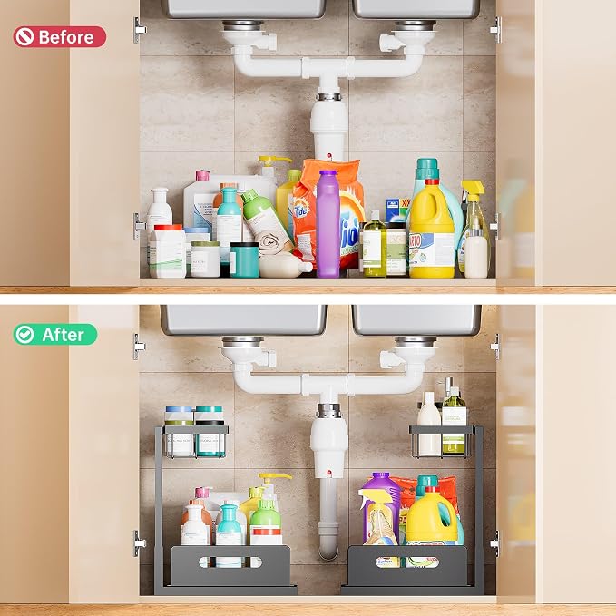Under Sink Organizer and Storage 2 Pack, Slide Out Cabinet Organizer, Pull Out Sink Shelf for Kitchen Bathroom Laundry, Black