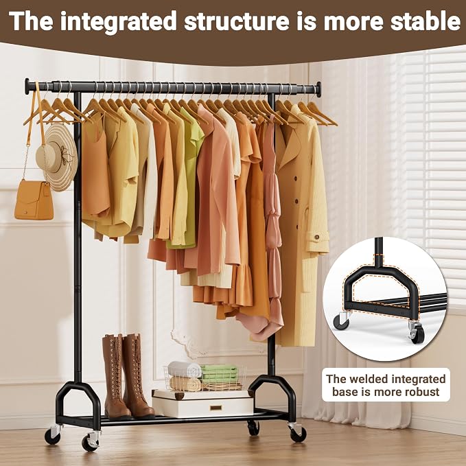 Heavy Duty Rolling Clothing Rack, 450 lbs Capacity Metal Clothes Rack with Wheels, 65" Tall Freestanding Hanging Rack for Bedroom, Laundry Room, Retail Display, Black