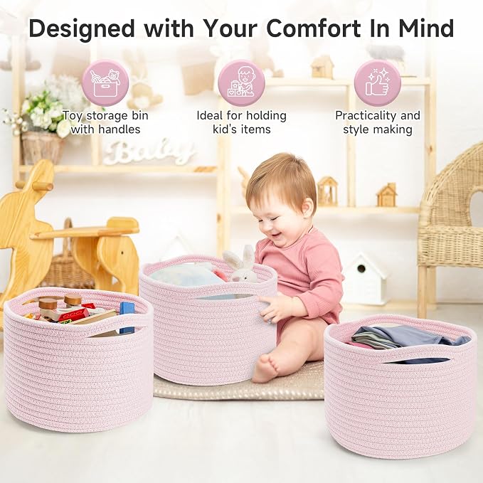 3 Pack Small Rope Storage Baskets, 9.82×9.82×7.1", Pink | Cotton Basket for Gifts Empty, Cute Round Woven Basket, Decorative Shelf Basket Organizer, Organizing Basket for Shelves