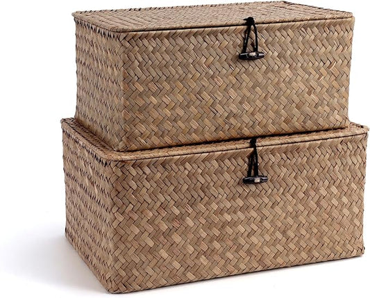 Nonam Storage Basket with Lid, Natural Seagrass Bin with Lid Set of 2, Shelf Baskets Multipurpose Container for Boho Decoration, Rectangular Household Storage Boxes for Home Organization-Coffee