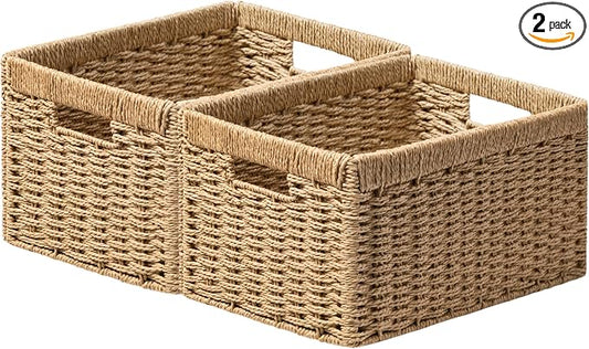 joybest Wicker Baskets for Shelves, Hand-woven Storage Baskets Natural | 13.4L x 8.3W x 7.1H inch for Pantry, Kichen Organizing, Foldable Rectangular Bin with Handles, 2-pack