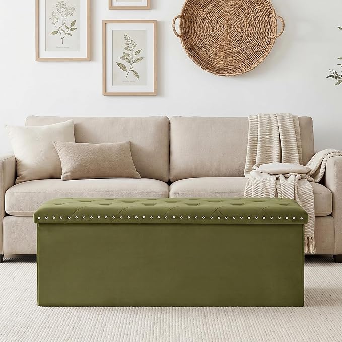 Velvet Storage Ottoman Bench, 43.3" Upholstered Tufted Ottoman with Storage, Folding Footrest Bench for Bedroom, Living Room, or Entryway, Holds up to 660 LBS,Olive