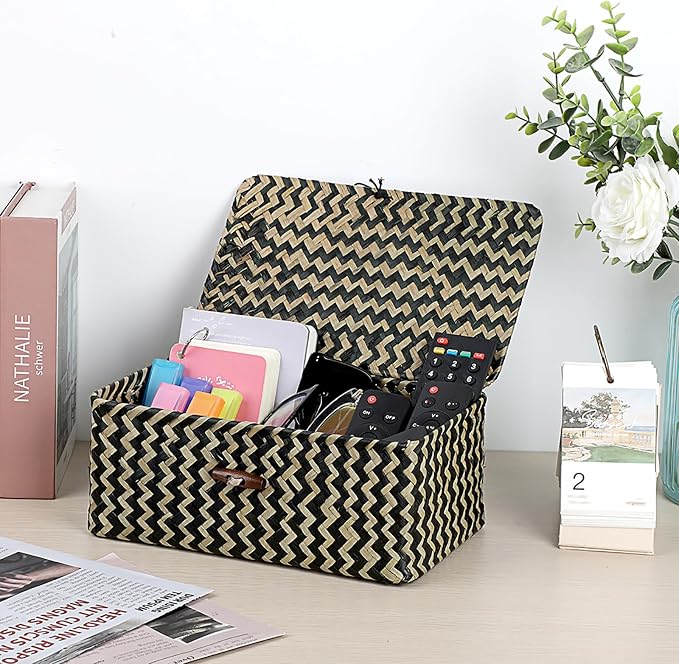 Hipiwe Seagrass Storage Baskets with Lid Woven Wicker Storage Bins for Organizing Natural Rectangular Home Organizer for Bedside Living Room Entryway Table,10.2" x 6.3" x 3.9"