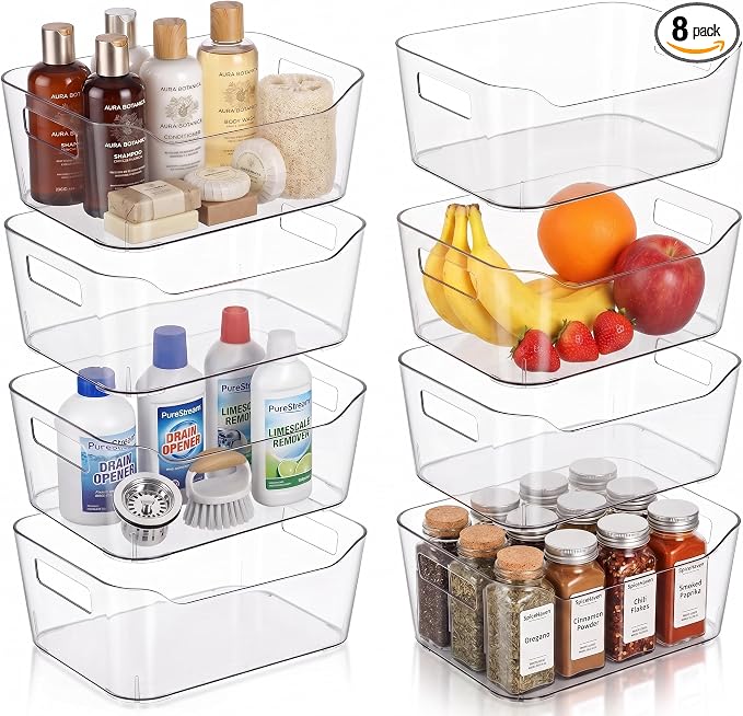 Hudgan 8 Pack Clear Pantry Organizer Bins for Kitchen, Clear Plastic Storage Bins for Bathroom, Pantry Organizer Containers for Home Edit, Drawer, Under Sink, Fridge