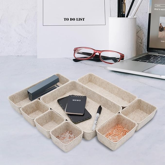 Welaxy 8pc Nordic Felt Desk Drawer Organizer Tray Beige Oatmeal Storage Bin | Sustainable material soft yet sturdy,multi-purpose storage, sleek minimalist lifestyle