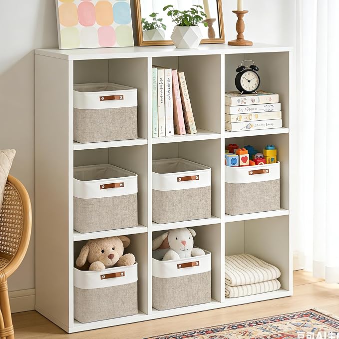 Bagnizer Collapsible Fabric Storage Cubes 11x11 Cube Storage Bins, 4 Pack Closet Baskets Box with Handles for Organizing, Shelf, Toys, Clothes, Home, Office, Nursery (Beige&White)