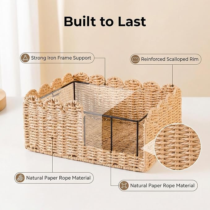 Scalloped Basket, Paper Rope Wicker Storage Baskets 14" L x 10.5" W x 5.9" H, Hand Woven Baskets for Shelves, Rattan Organizing Baskets for Living Room, Bedroom, Table, Bookcase, Shelf (Large)