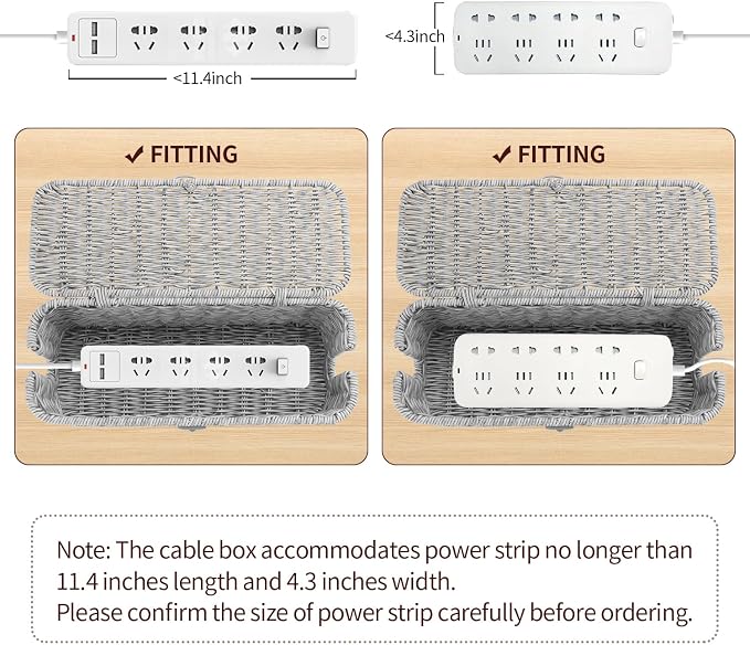 Cable Management Box, Desk Handwoven Rattan Cord Hider Cable Organizer Box With Lid Button Lock, Power Strip Cover Wicker Decorative Basket, Floor Wire Hiding Extension Cord Box (grey)