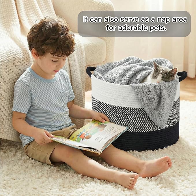 Artfeel 70L Large Cotton Rope Basket, Decorative Woven Blanket Storage for Living Room, Boho Toy Storage & Toy Box for Kids, Versatile Laundry Basket & Nursery Hamper for Blankets(Black)