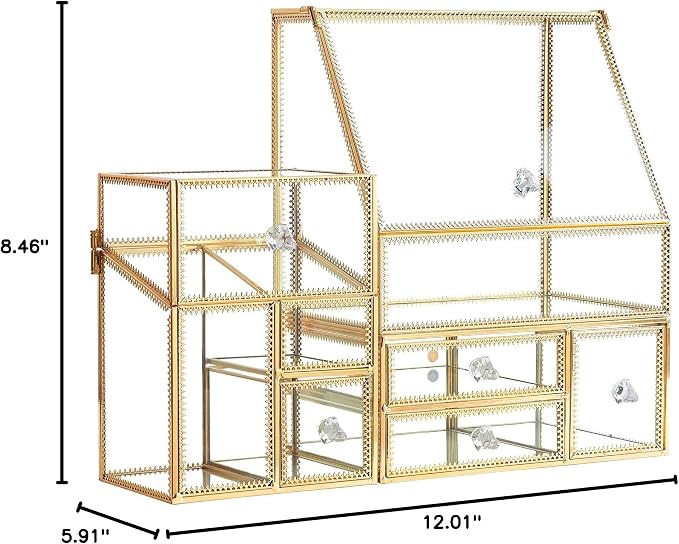 Tempered Glass Makeup Organizer with Gold Heart Shaped Metal Frame, Large Cosmetic Storage Drawer Cabinet, Dustproof Vanity Display Case for Lipstick Makeup Brush Skincare